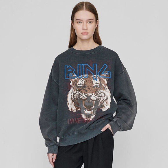 Anine Bing Tops - Anine Bing Black Sweatshirt with Tiger Graphic